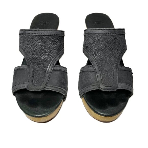 UGG Issa Mosaic Leather Wooden Clogs Blue Size 7 - Picture 3 of 14